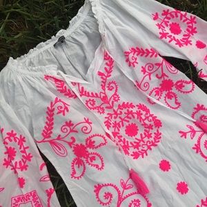 Primark White Shirt Dress W Neon Pink Embroidery